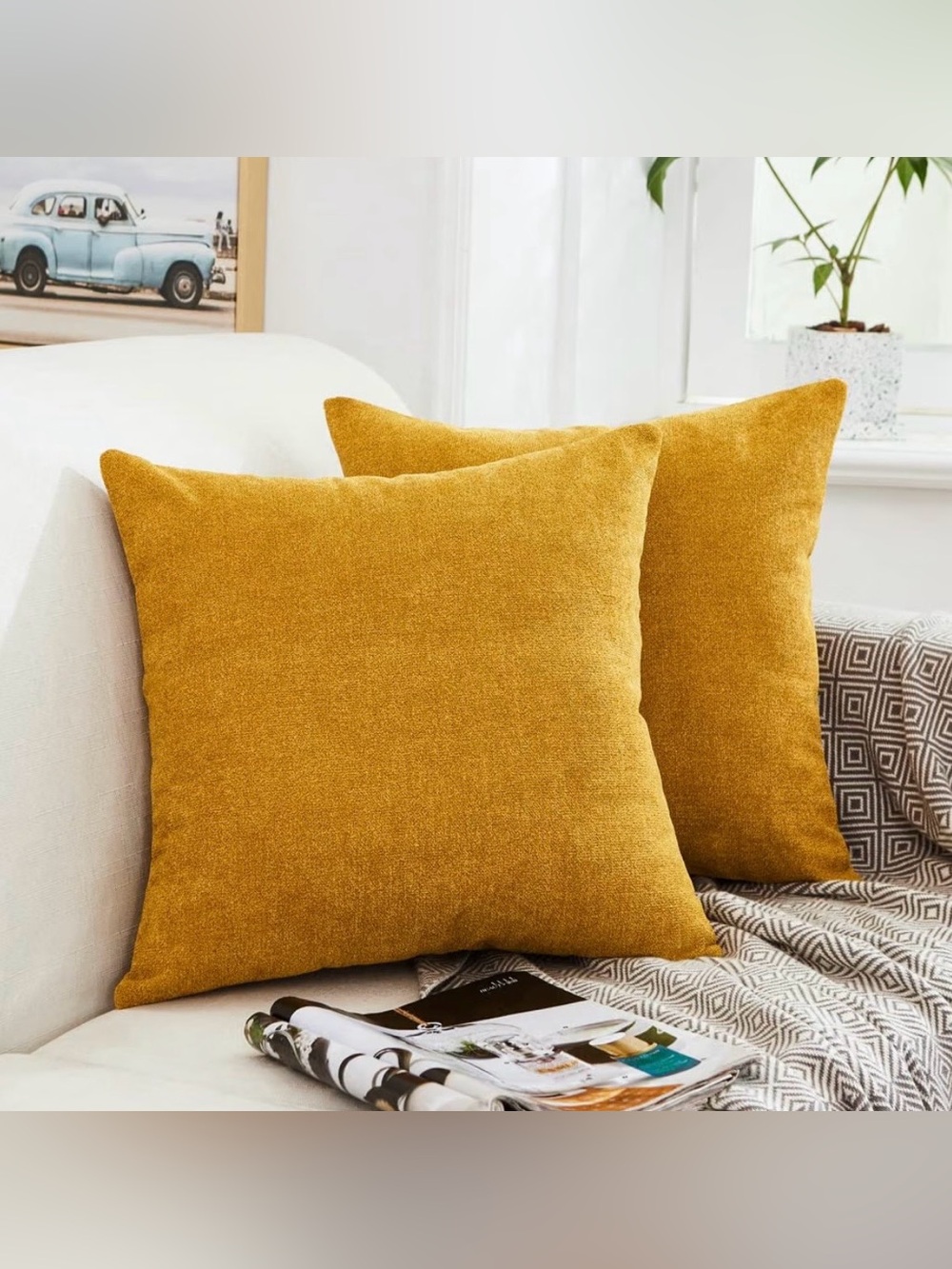 Mustard Yellow/Gold Accent Throw Pillow Cover Pair- Soft Chenille